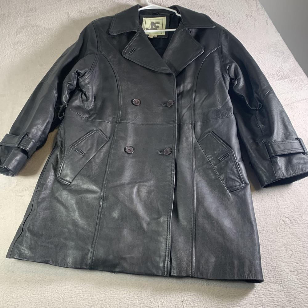JC Leather Coat Womens Medium Black Double Breasted Pea Trench Winter Lined